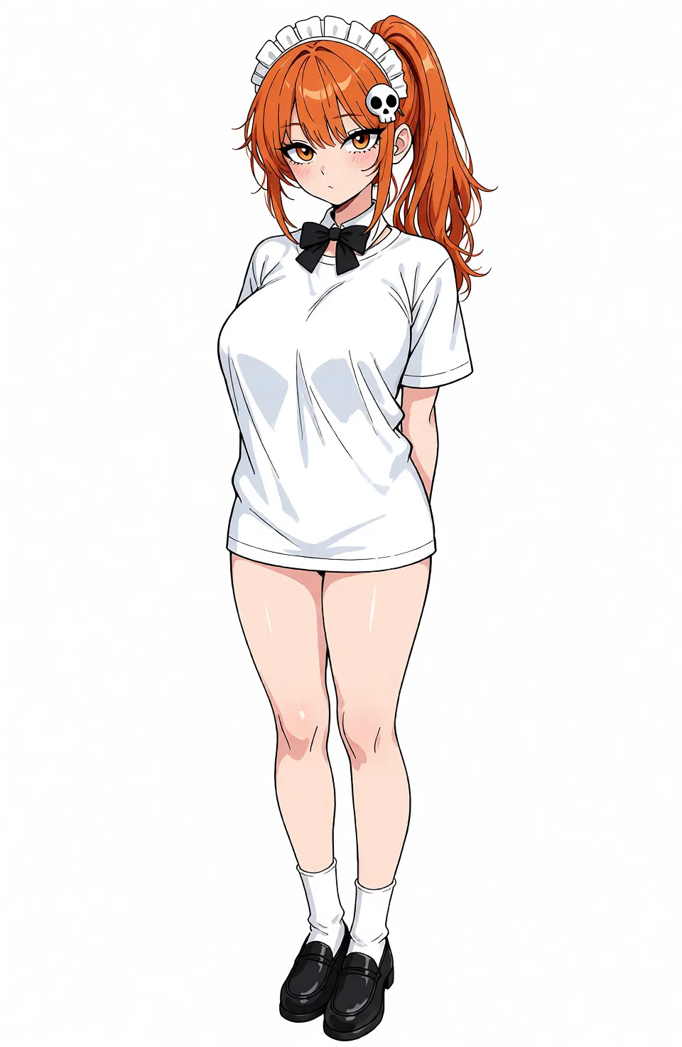 Redraw the entire picture as a hand-drawn anime illustration in flat cel-shaded anime style. It stays the same person with the same face, the same expression, the same hair and the same skin tone, and every other detail of the photograph is kept exactly as it is: nothing is added, removed, moved, uncovered or recoloured. Only the medium changes, and no part of the picture is left photographic. Above all, the picture must show: Have her wear a large white T-shirt. Make sure the T-shirt’s silhouette highlights her nipple piercing.
The white T-shirt must not cover her pussy. Keep her pussy exposed.
