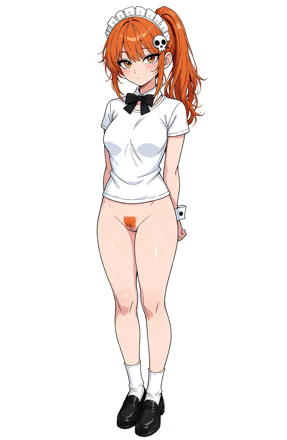 Redraw the entire picture as a hand-drawn anime illustration in flat cel-shaded anime style. It stays the same person with the same face, the same expression, the same hair and the same skin tone, and every other detail of the photograph is kept exactly as it is: nothing is added, removed, moved, uncovered or recoloured. Only the medium changes, and no part of the picture is left photographic. Above all, the picture must show: Have her wear a white T-shirt. Make sure the T-shirt’s silhouette highlights her nipple piercing.
The white T-shirt must not cover her pussy. Keep her pussy exposed.