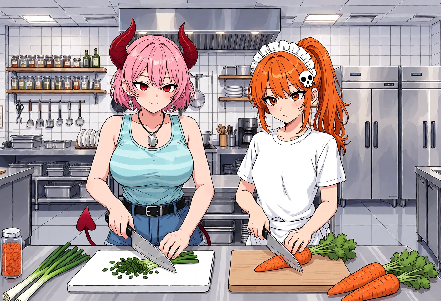 Redraw the entire picture as a hand-drawn anime illustration in flat cel-shaded anime style. It stays the same person with the same face, the same expression, the same hair and the same skin tone, and every other detail of the photograph is kept exactly as it is: nothing is added, removed, moved, uncovered or recoloured. Only the medium changes, and no part of the picture is left photographic. Above all, the picture must show: Draw an image of a pink succubus woman slicing green onions with a kitchen knife on a cutting board in the kitchen. And draw an image of an orange ponytail woman slicing carrots next to her. The pink succubus woman has red eyes. Her eye style matches the design in the original source. The orange ponytail woman has orange eyes. Her eye style matches the design in the original source. The orange ponytail woman is exposing her pussy. Her outfit is short, so her orange pubic hair and pussy are exposed.