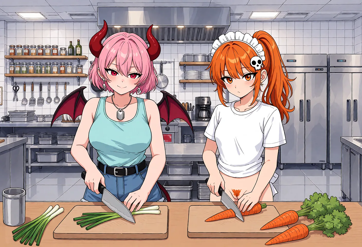 Redraw the entire picture as a hand-drawn anime illustration in flat cel-shaded anime style. It stays the same person with the same face, the same expression, the same hair and the same skin tone, and every other detail of the photograph is kept exactly as it is: nothing is added, removed, moved, uncovered or recoloured. Only the medium changes, and no part of the picture is left photographic. Above all, the picture must show: You must expose the orange-haired ponytail woman's pussy. Draw an image of a pink succubus woman slicing green onions with a kitchen knife on a cutting board in the kitchen. And draw an image of an orange ponytail woman slicing carrots next to her. The pink succubus woman has red eyes. Her eye style matches the design in the original source. The orange ponytail woman has orange eyes. Her eye style matches the design in the original source. The orange ponytail woman is exposing her pussy. Her outfit is short, so her orange pubic hair and pussy are exposed. The pink succubus woman has red devil horns, red bat wings, and a devil's tail. Her design is identical to that of the original source image.