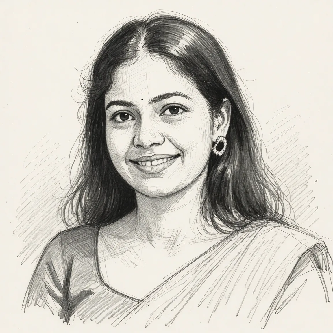 Redraw the entire picture as a hand-drawn graphite sketch on off-white paper: visible pencil strokes, cross-hatched shading, loose construction lines and no colour beyond the grey of the pencil and the tone of the paper. The background is drawn in the same style. Nothing in the frame keeps its photographic appearance. Above all, the picture must show: moder indian woman with wearing very hornu dress.