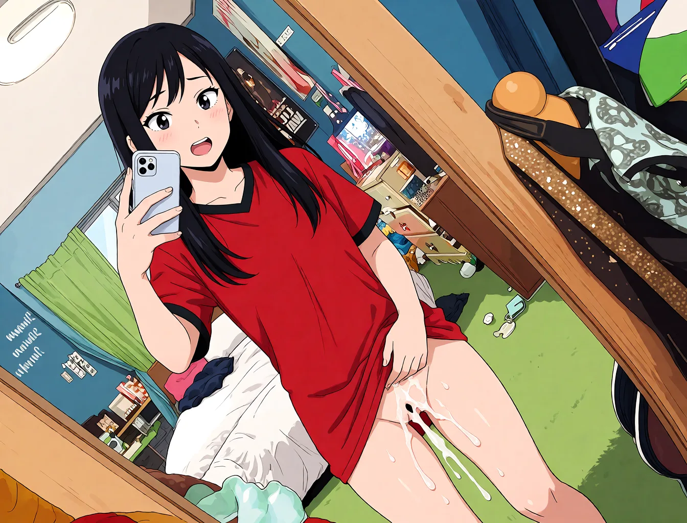 Redraw the entire picture as a hand-drawn anime illustration in flat cel-shaded anime style. It stays the same person with the same face, the same expression, the same hair and the same skin tone, and every other detail of the photograph is kept exactly as it is: nothing is added, removed, moved, uncovered or recoloured. Only the medium changes, and no part of the picture is left photographic. Above all, the picture must show: cum dripping from legs embaresed.
