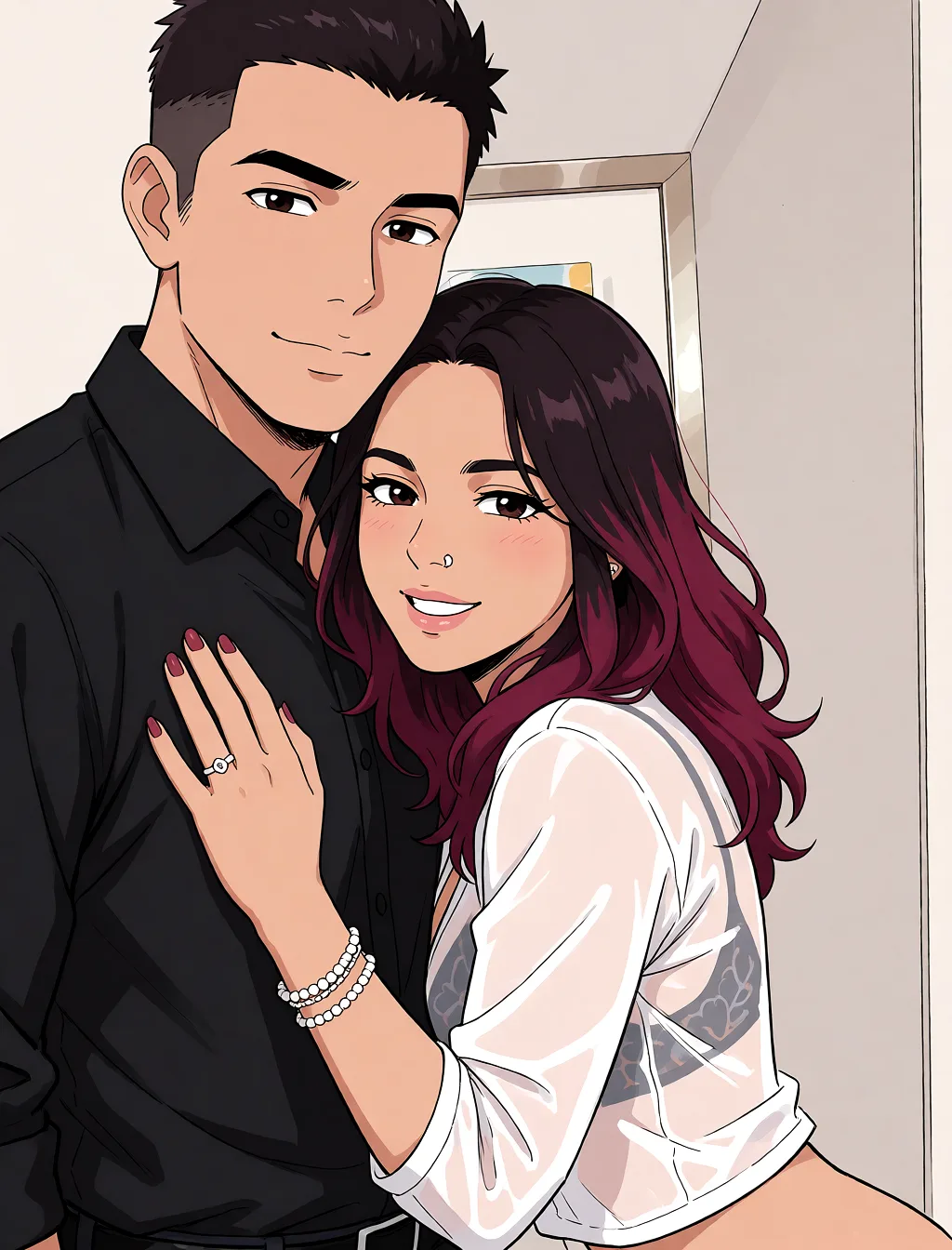 Redraw the entire picture as a hand-drawn anime illustration in flat cel-shaded anime style. It stays the same person with the same face, the same expression, the same hair and the same skin tone, and every other detail of the photograph is kept exactly as it is: nothing is added, removed, moved, uncovered or recoloured. Only the medium changes, and no part of the picture is left photographic. Above all, the picture must show: no clothes on bed sex.