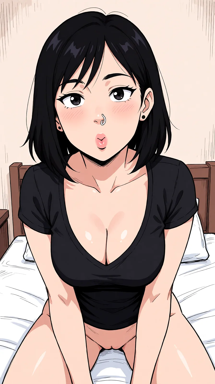 Redraw the entire picture as a hand-drawn anime illustration in flat cel-shaded anime style. It stays the same person with the same face, the same expression, the same hair and the same skin tone, and every other detail of the photograph is kept exactly as it is: nothing is added, removed, moved, uncovered or recoloured. Only the medium changes, and no part of the picture is left photographic. Above all, the picture must show: gangbang on bed naked.