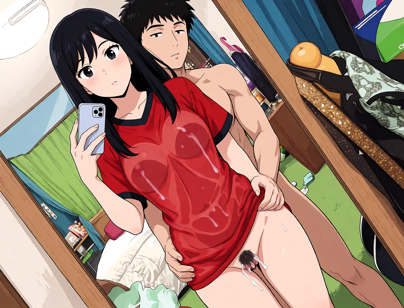 Redraw the entire picture as a hand-drawn anime illustration in flat cel-shaded anime style. It stays the same person with the same face, the same expression, the same hair and the same skin tone, and every other detail of the photograph is kept exactly as it is: nothing is added, removed, moved, uncovered or recoloured. Only the medium changes, and no part of the picture is left photographic. Above all, the picture must show: see-through_clothes crying cumdrip used_condom man behind.