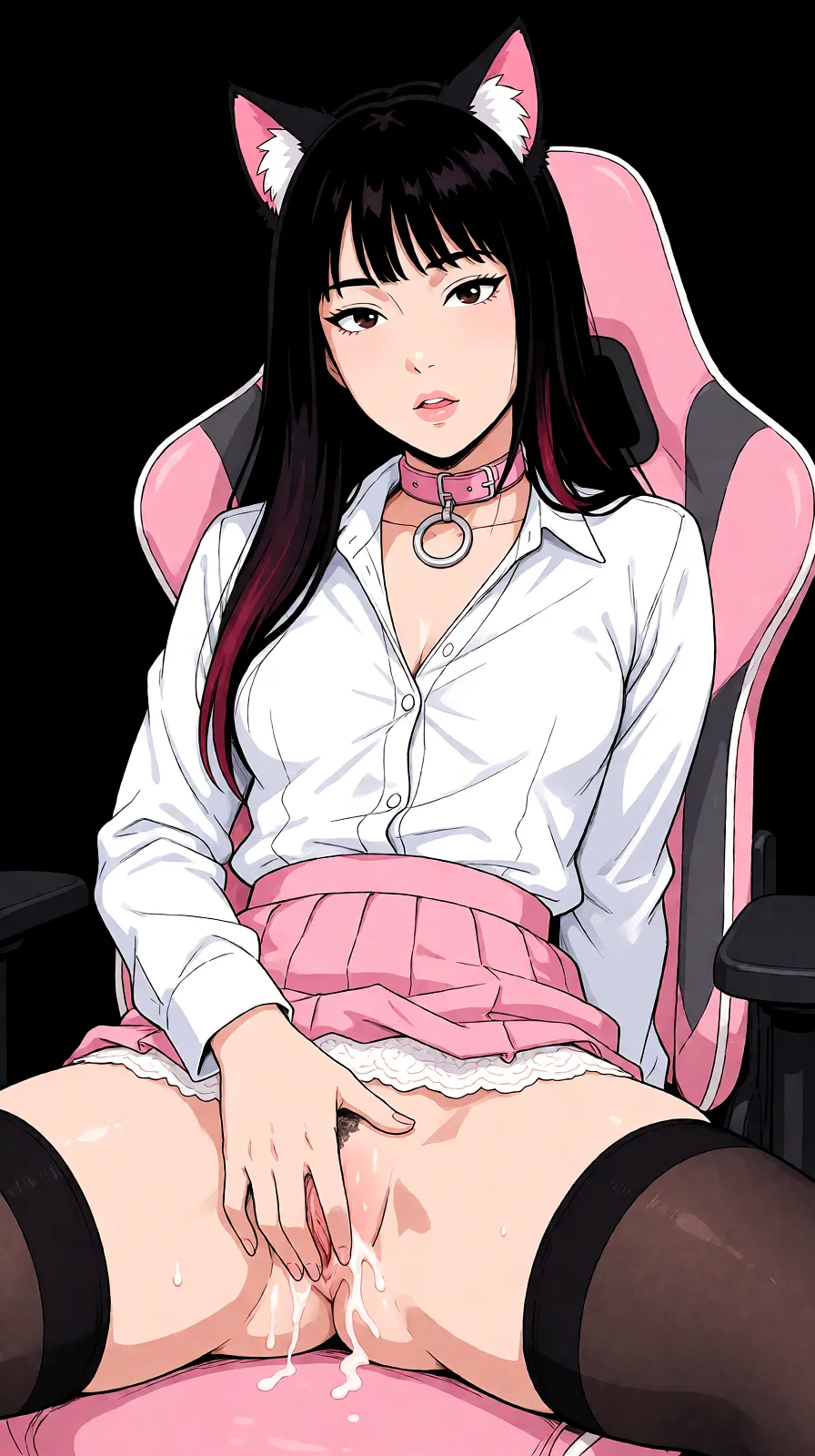 Redraw the entire picture as a hand-drawn anime illustration in flat cel-shaded anime style. It stays the same person with the same face, the same expression, the same hair and the same skin tone, and every other detail of the photograph is kept exactly as it is: nothing is added, removed, moved, uncovered or recoloured. Only the medium changes, and no part of the picture is left photographic. Above all, the picture must show: masturbation, nude, black_thighhighs, black_background.