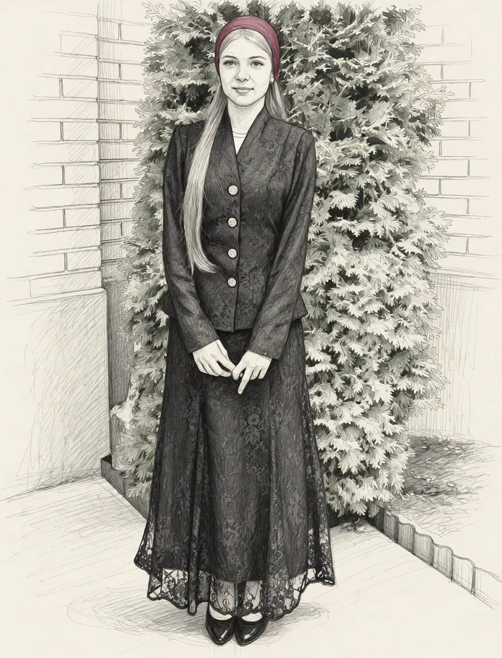 Redraw the entire picture as a hand-drawn graphite sketch on off-white paper: visible pencil strokes, cross-hatched shading, loose construction lines and no colour beyond the grey of the pencil and the tone of the paper. The background is drawn in the same style. Nothing in the frame keeps its photographic appearance. Above all, the picture must show: Купальник.