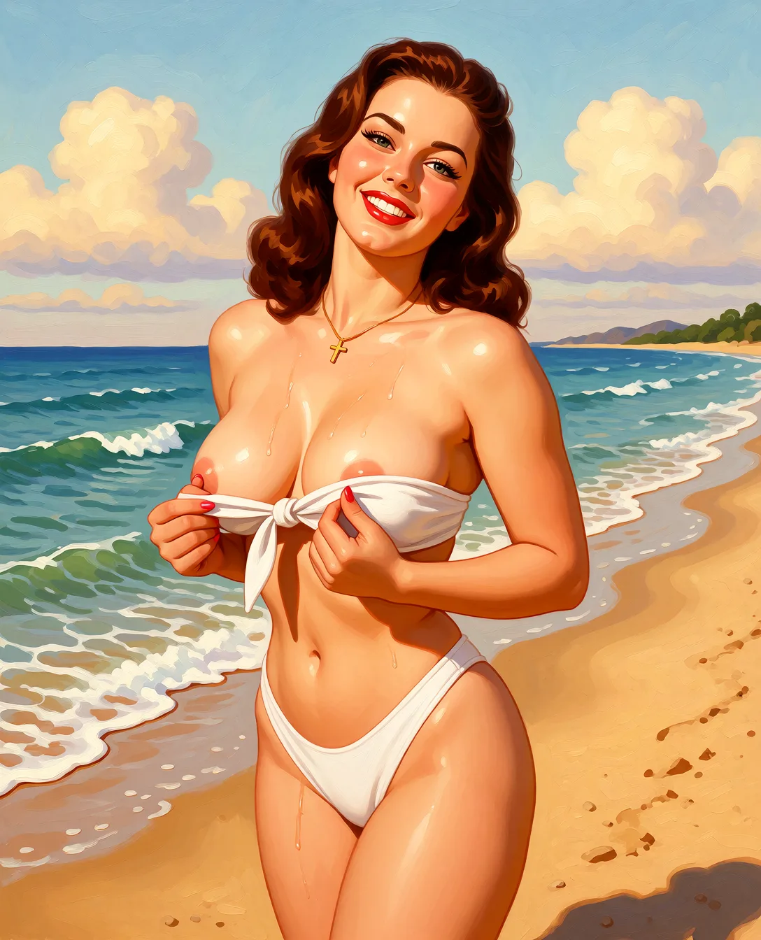 Redraw the entire picture as a retro pin-up illustration: smooth airbrushed gouache paint, warm saturated mid-century colour, clean confident outlines and glamorous stylised features, in the look of a 1950s pin-up poster. The background is painted in the same style. Nothing in the frame keeps its photographic appearance. Above all, the picture must show: removing her bikini.