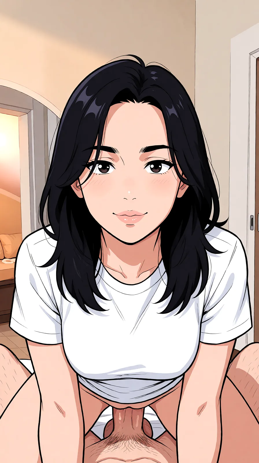 Redraw the entire picture as a hand-drawn anime illustration in flat cel-shaded anime style. It stays the same person with the same face, the same expression, the same hair and the same skin tone, and every other detail of the photograph is kept exactly as it is: nothing is added, removed, moved, uncovered or recoloured. Only the medium changes, and no part of the picture is left photographic. Above all, the picture must show: A man fuckin me doggy style.