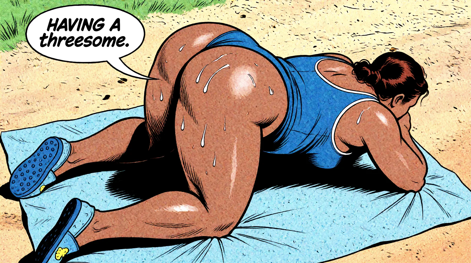 Redraw the entire picture as western comic-book art: heavy black inked outlines, hard-edged cel shading, limited high-contrast colour and visible halftone dot texture. The background is drawn in the same style. Nothing in the frame keeps its photographic appearance. Above all, the picture must show: HAVING A threesome.