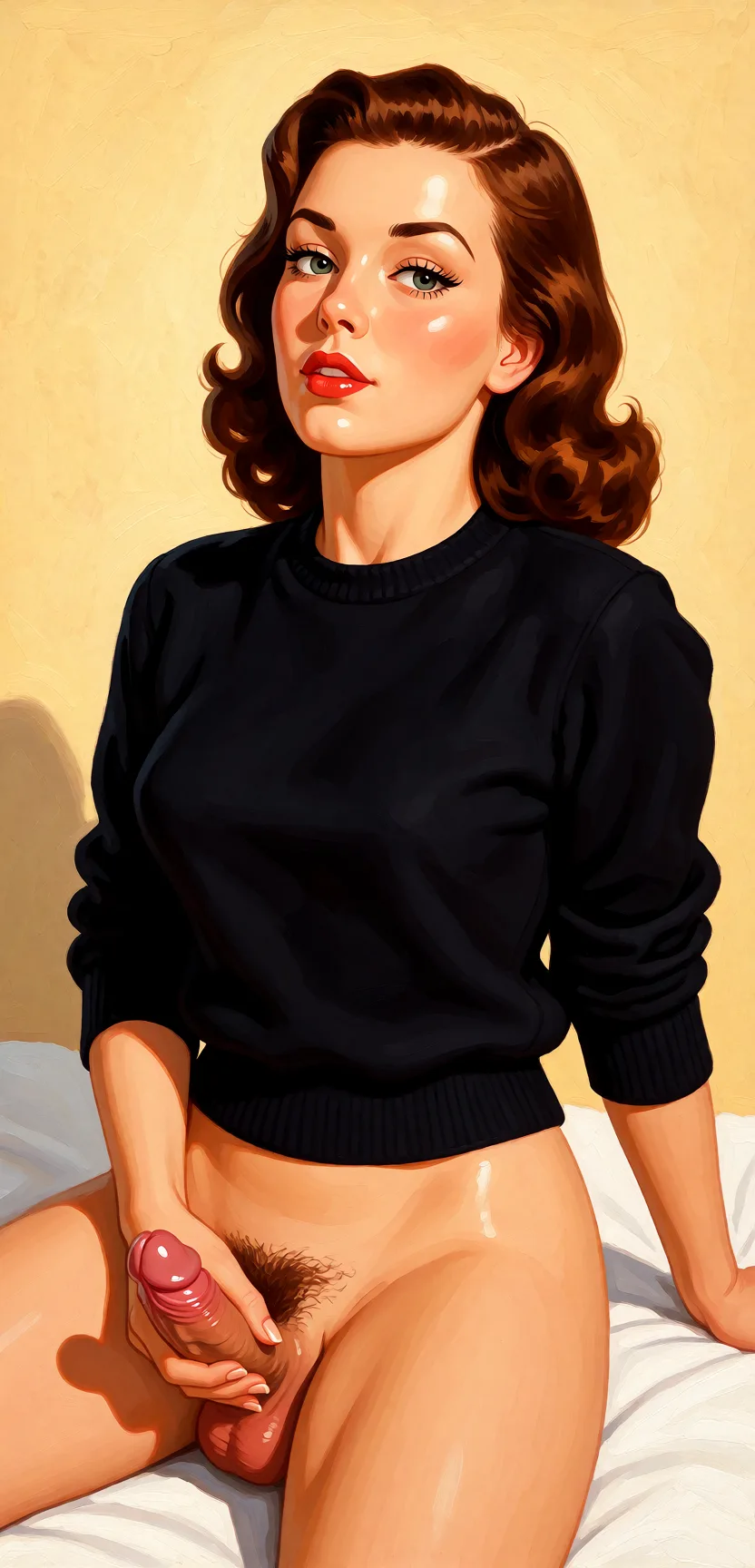 Redraw the entire picture as a retro pin-up illustration: smooth airbrushed gouache paint, warm saturated mid-century colour, clean confident outlines and glamorous stylised features, in the look of a 1950s pin-up poster. The background is painted in the same style. Nothing in the frame keeps its photographic appearance. Above all, the picture must show: Sucking penis.