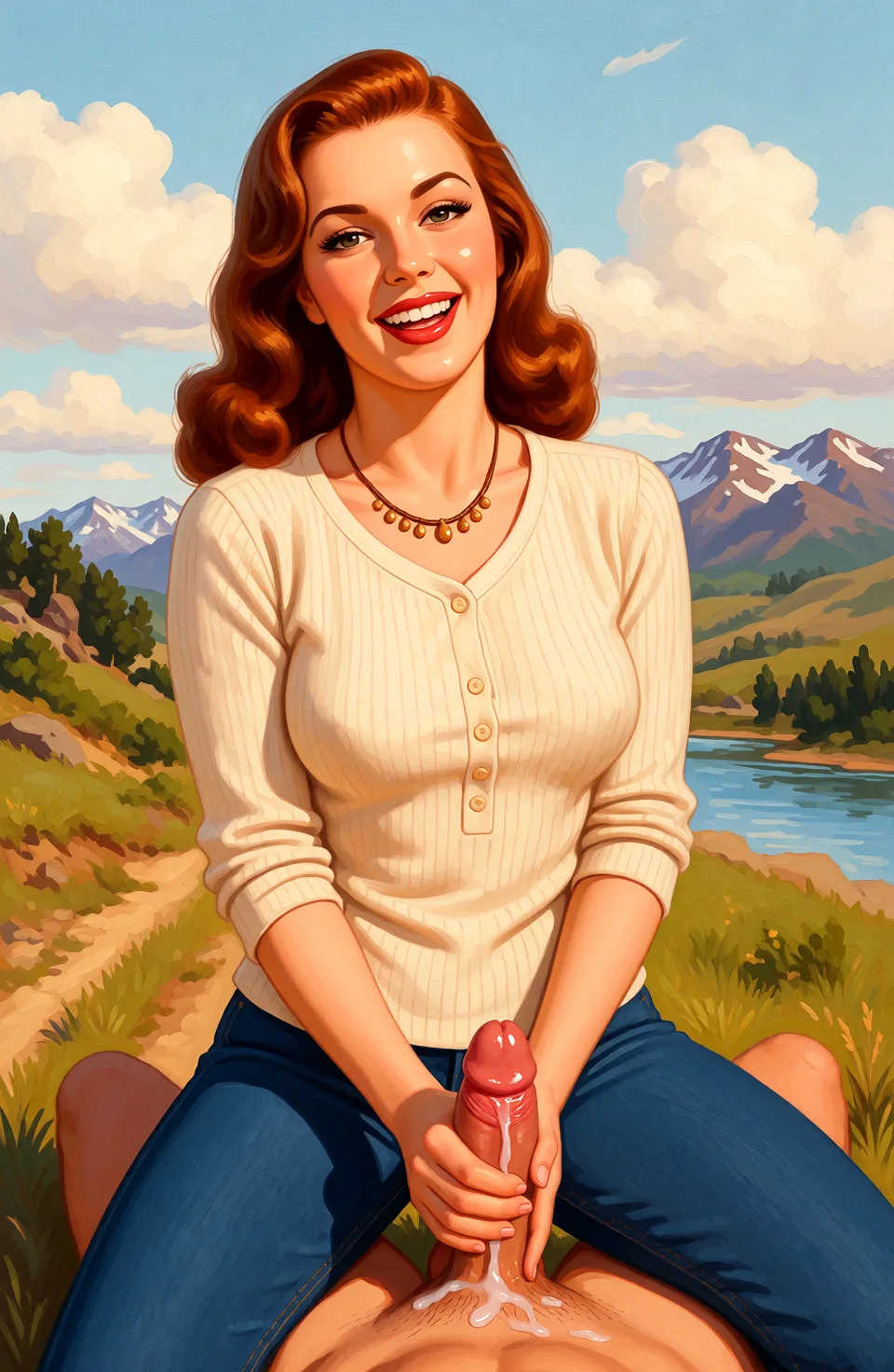 Redraw the entire picture as a retro pin-up illustration: smooth airbrushed gouache paint, warm saturated mid-century colour, clean confident outlines and glamorous stylised features, in the look of a 1950s pin-up poster. The background is painted in the same style. Nothing in the frame keeps its photographic appearance. Above all, the picture must show: fellatio.