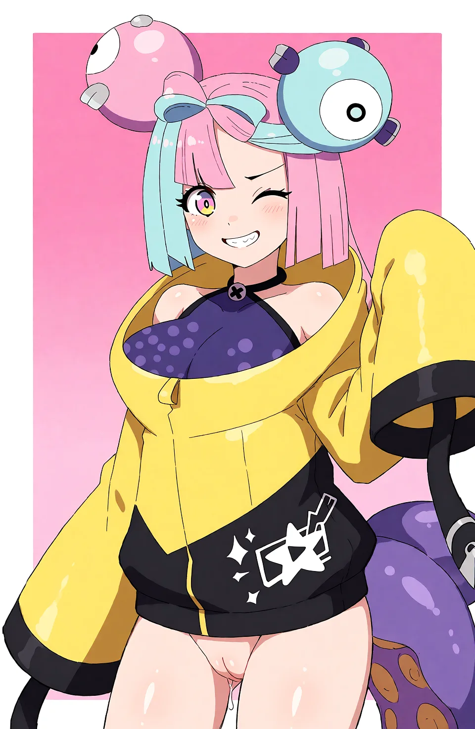 Redraw the entire picture as a hand-drawn anime illustration in flat cel-shaded anime style. It stays the same person with the same face, the same expression, the same hair and the same skin tone, and every other detail of the photograph is kept exactly as it is: nothing is added, removed, moved, uncovered or recoloured. Only the medium changes, and no part of the picture is left photographic. Above all, the picture must show: futanari.