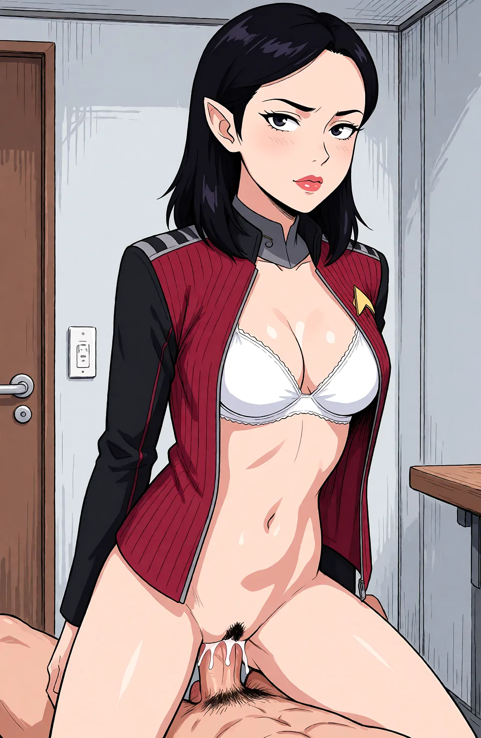 Redraw the entire picture as a hand-drawn anime illustration in flat cel-shaded anime style. It stays the same person with the same face, the same expression, the same hair and the same skin tone, and every other detail of the photograph is kept exactly as it is: nothing is added, removed, moved, uncovered or recoloured. Only the medium changes, and no part of the picture is left photographic. Above all, the picture must show: Nothing but a bra and getting fucked from behind.