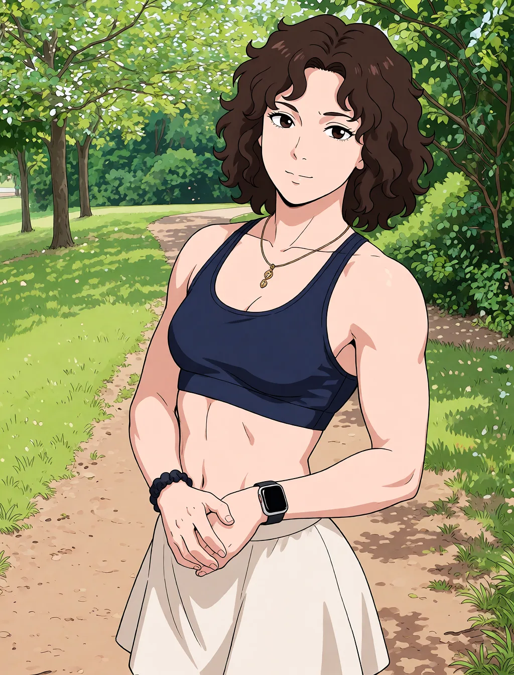 Redraw the entire picture as a hand-drawn anime illustration in flat cel-shaded anime style. It stays the same person with the same face, the same expression, the same hair and the same skin tone, and every other detail of the photograph is kept exactly as it is: nothing is added, removed, moved, uncovered or recoloured. Only the medium changes, and no part of the picture is left photographic. Above all, the picture must show: small_breasts muscular_female nude.