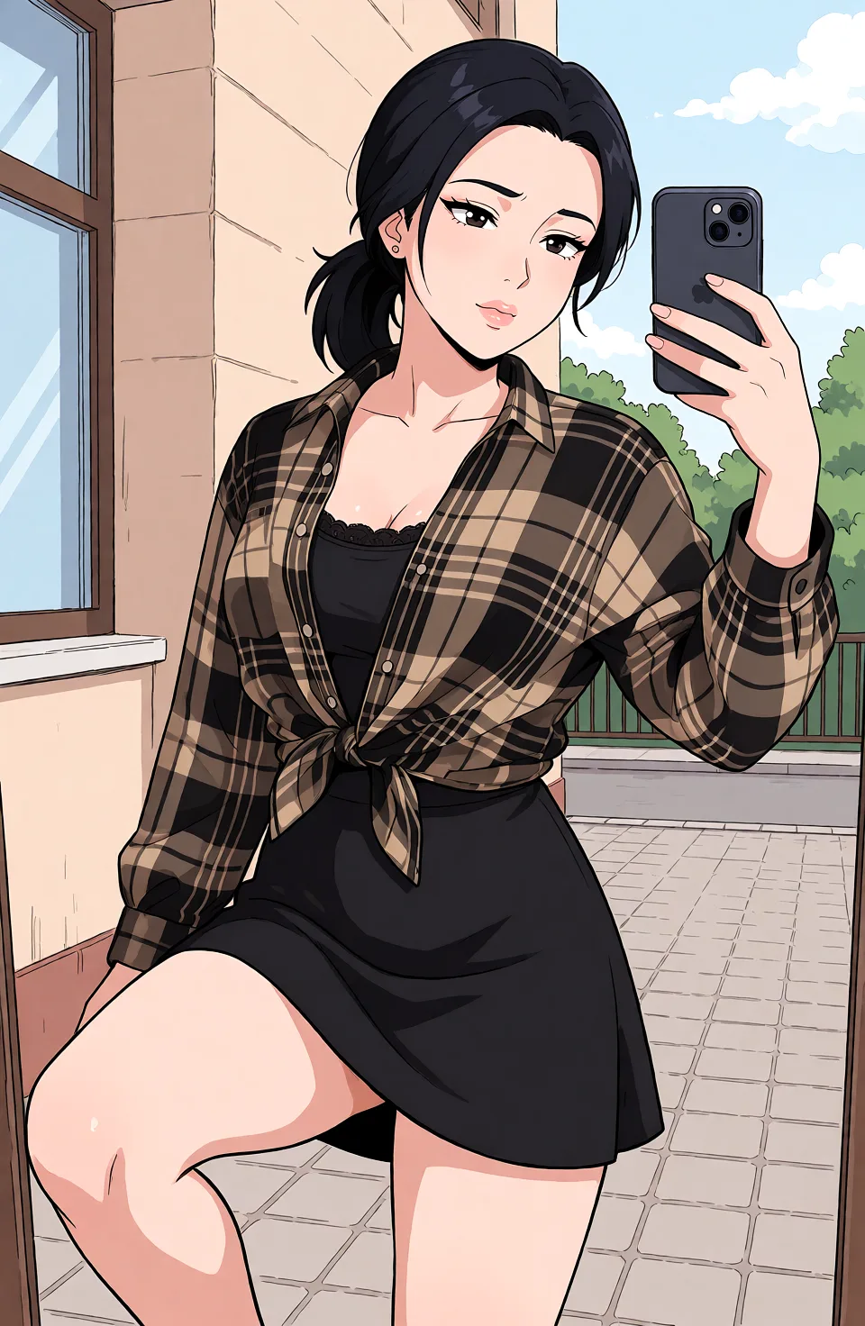 Redraw the entire picture as a hand-drawn anime illustration in flat cel-shaded anime style. It stays the same person with the same face, the same expression, the same hair and the same skin tone, and every other detail of the photograph is kept exactly as it is: nothing is added, removed, moved, uncovered or recoloured. Only the medium changes, and no part of the picture is left photographic. Above all, the picture must show: Девушке снимают юбку поднимают ее ногу и трахают в вагину и мнёт сиську.