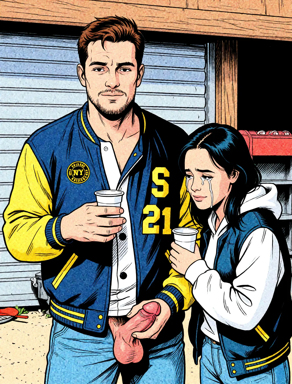Redraw the entire picture as western comic-book art: heavy black inked outlines, hard-edged cel shading, limited high-contrast colour and visible halftone dot texture. The background is drawn in the same style. Nothing in the frame keeps its photographic appearance. Above all, the picture must show: She's touch him penis.