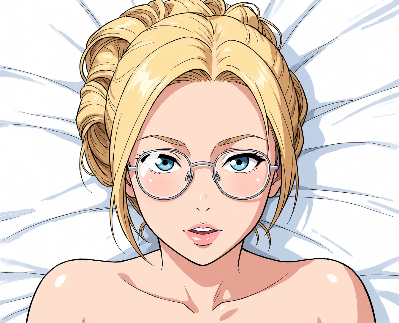 Redraw the entire picture as a hand-drawn anime illustration in flat cel-shaded anime style. It stays the same person with the same face, the same expression, the same hair and the same skin tone, and every other detail of the photograph is kept exactly as it is: nothing is added, removed, moved, uncovered or recoloured. Only the medium changes, and no part of the picture is left photographic. Above all, the picture must show: Девушка сосет член по самые яйца, у девушки видна большая голая грудь, у девушки видна ванига, девушка в латексе.