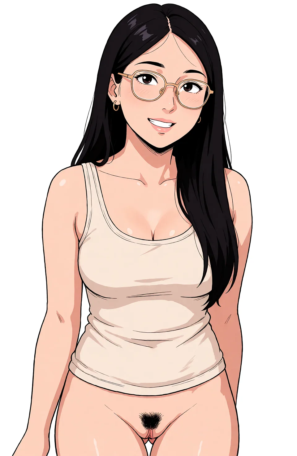 Redraw the entire picture as a hand-drawn anime illustration in flat cel-shaded anime style. It stays the same person with the same face, the same expression, the same hair and the same skin tone, and every other detail of the photograph is kept exactly as it is: nothing is added, removed, moved, uncovered or recoloured. Only the medium changes, and no part of the picture is left photographic. Above all, the picture must show: Move and open shirt to fuck pussy.