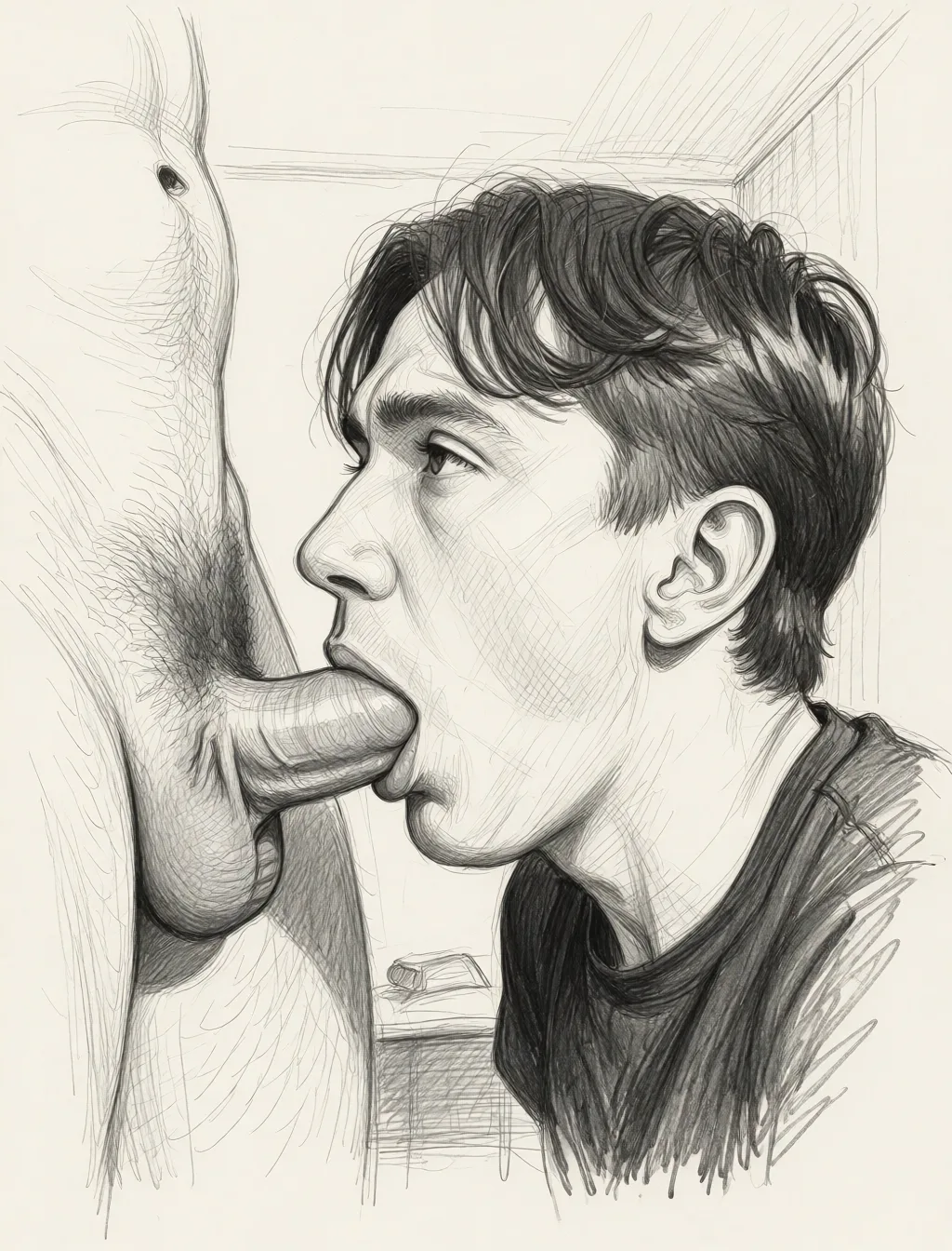 Redraw the entire picture as a hand-drawn graphite sketch on off-white paper: visible pencil strokes, cross-hatched shading, loose construction lines and no colour beyond the grey of the pencil and the tone of the paper. The background is drawn in the same style. Nothing in the frame keeps its photographic appearance. Above all, the picture must show: парень лежит на диване, появляется второй мужчина со средним членом, и всовывает парню на диване свой член, строго в анальное отверстие, трахает его в анал.