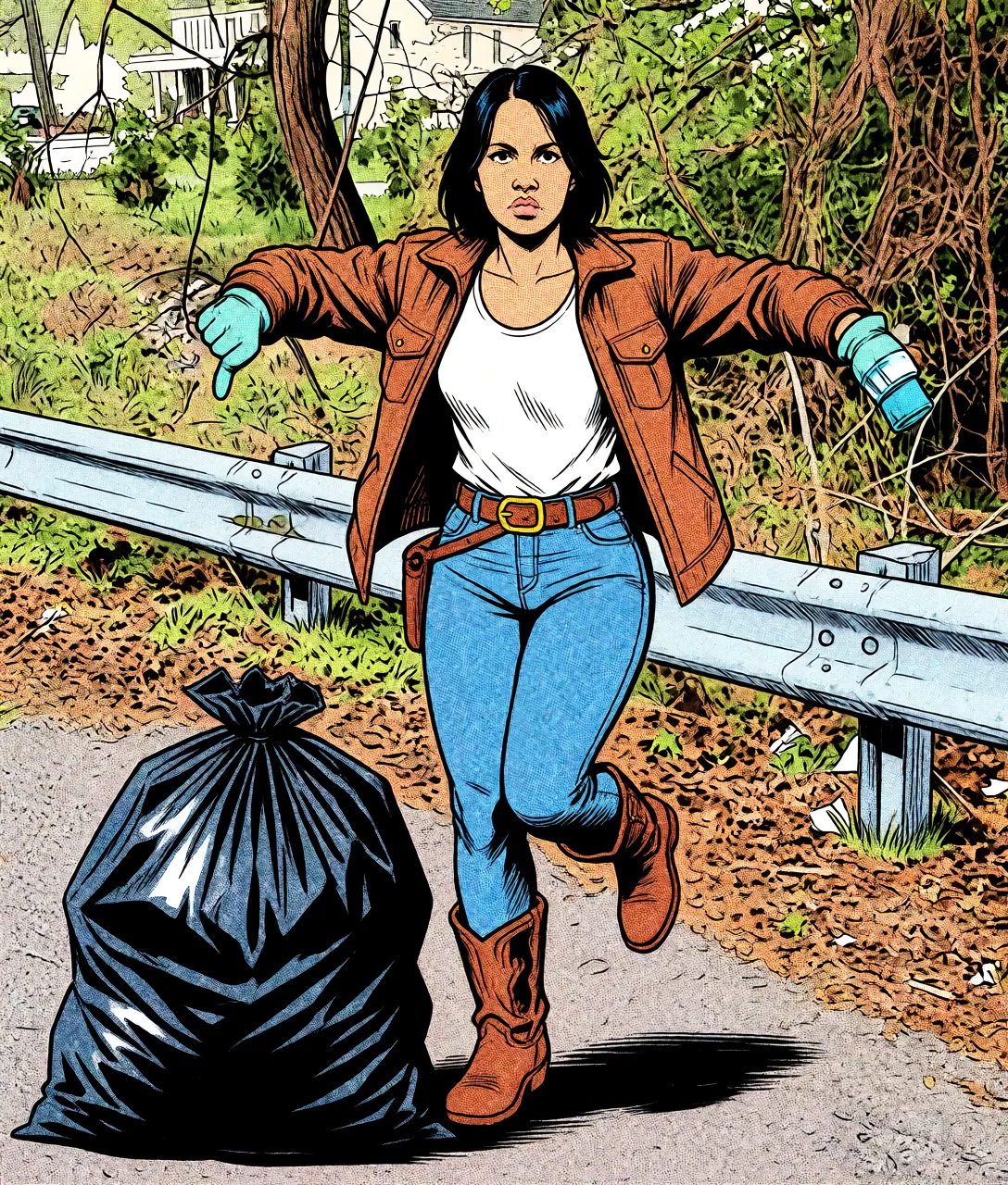 Redraw the entire picture as western comic-book art: heavy black inked outlines, hard-edged cel shading, limited high-contrast colour and visible halftone dot texture. The background is drawn in the same style. Nothing in the frame keeps its photographic appearance. Above all, the picture must show: SHE REMOVES CLOTHING AND JUMPS UP AND hair_down.