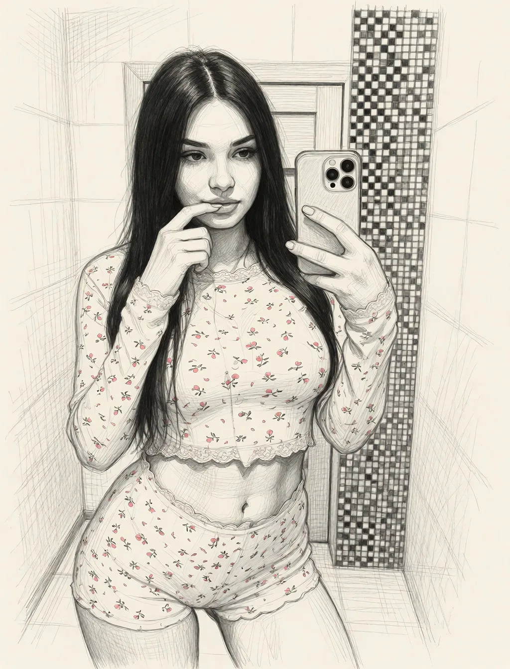 Redraw the entire picture as a hand-drawn graphite sketch on off-white paper: visible pencil strokes, cross-hatched shading, loose construction lines and no colour beyond the grey of the pencil and the tone of the paper. The background is drawn in the same style. Nothing in the frame keeps its photographic appearance. Above all, the picture must show: сделай так чтобы она показала грудь максимально реалистично сохраняя пропорции тела и лица.