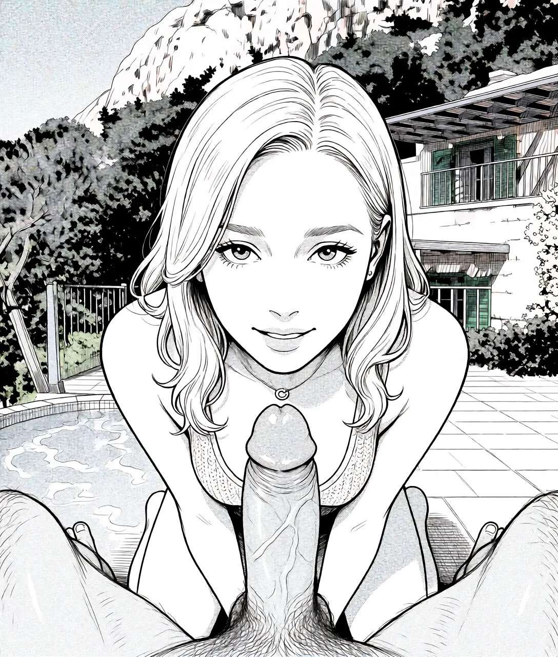 Redraw the entire picture as a black and white manga page: crisp black ink line art, no colour anywhere, flat halftone screentone shading, hatched shadows and clean white highlights, in the look of a printed manga panel. The background is drawn in the same style. Nothing in the frame keeps its photographic appearance. Above all, the picture must show: POV from high angle looking down on the woman, the woman is kneeling submissively in front of the viewer, she deepthrow his penis, intense and lovely eye contact looking up at the viewer, Man’s hairy crotch and feet are barely visible at the bottom of the frame. unfiltered amateur phone-quality.