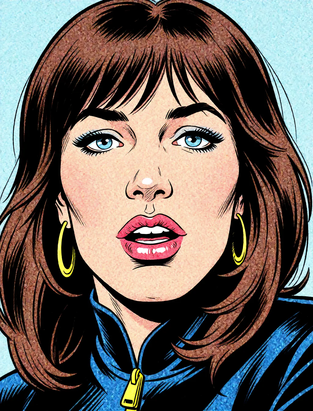 Redraw the entire picture as western comic-book art: heavy black inked outlines, hard-edged cel shading, limited high-contrast colour and visible halftone dot texture. The background is drawn in the same style. Nothing in the frame keeps its photographic appearance. Above all, the picture must show: В офисе парень поднимает девушку на стол девушка в мини юбке чулках и в каблуках.