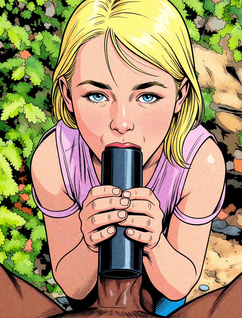 Redraw the entire picture as western comic-book art: heavy black inked outlines, hard-edged cel shading, limited high-contrast colour and visible halftone dot texture. The background is drawn in the same style. Nothing in the frame keeps its photographic appearance. Above all, the picture must show: fellatio pov dark-skinned_male.