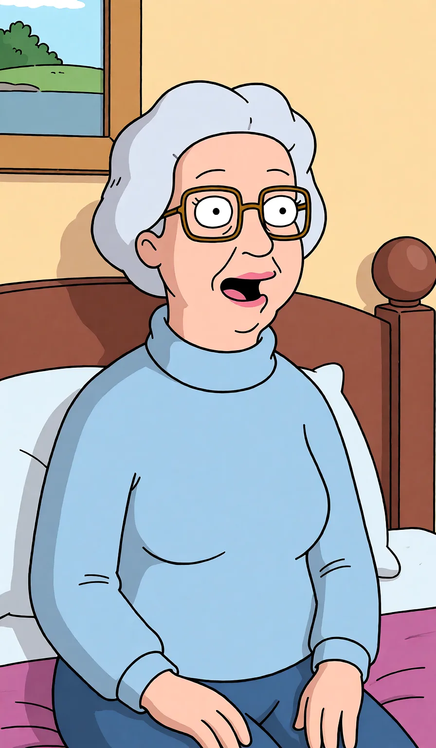 Redraw the entire picture as a western animated cartoon cel: thick even outlines, flat bright blocks of colour, simplified rounded shapes and hard-edged shadows, in the look of a television cartoon rather than of a camera. Keep the woman's adult proportions and adult figure exactly as they are; only the drawing style changes. The background is drawn in the same style. Nothing in the frame keeps its photographic appearance. Above all, the picture must show: Nothing on, sitting on bed.