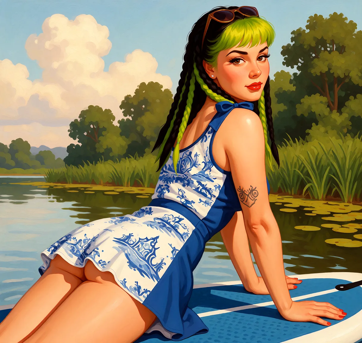 Redraw the entire picture as a retro pin-up illustration: smooth airbrushed gouache paint, warm saturated mid-century colour, clean confident outlines and glamorous stylised features, in the look of a 1950s pin-up poster. The background is painted in the same style. Nothing in the frame keeps its photographic appearance. Above all, the picture must show: all_fours ass_focus looking_back.