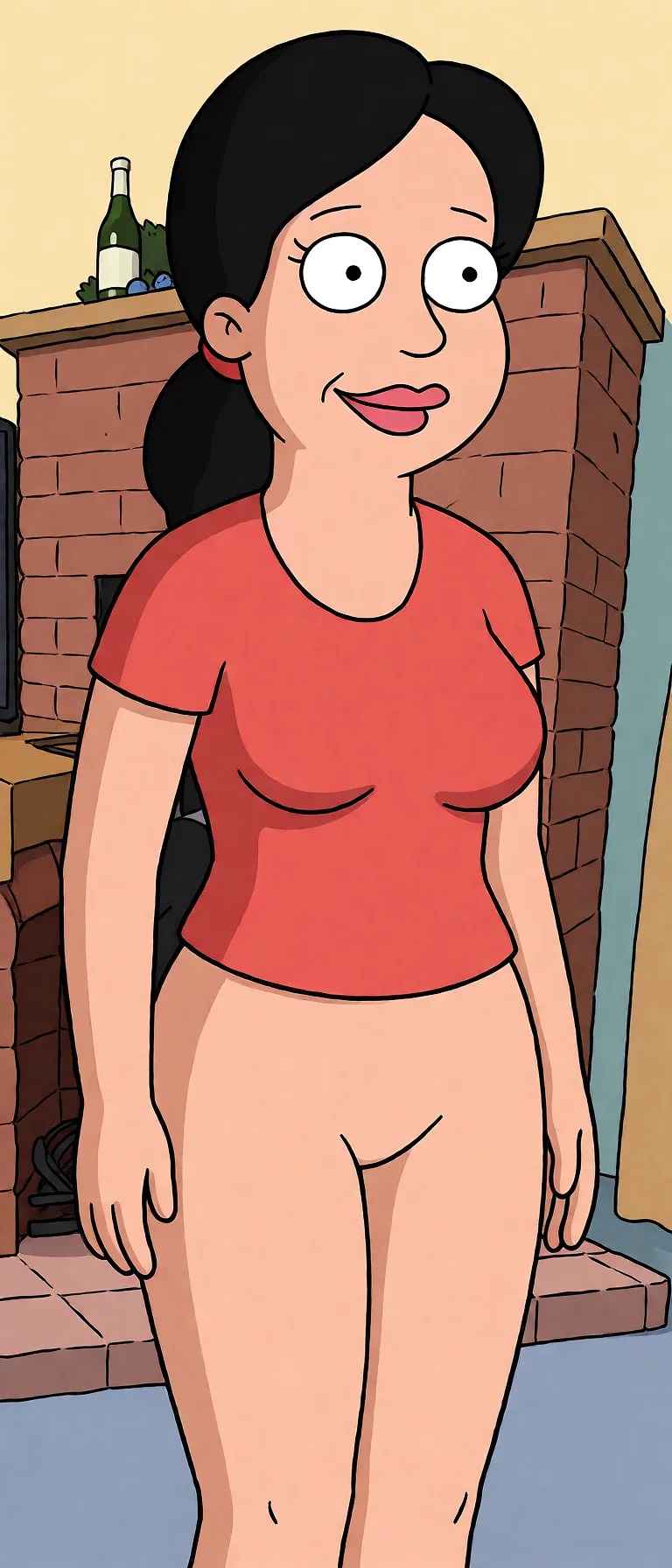 Redraw the entire picture as a western animated cartoon cel: thick even outlines, flat bright blocks of colour, simplified rounded shapes and hard-edged shadows, in the look of a television cartoon rather than of a camera. Keep the woman's adult proportions and adult figure exactly as they are; only the drawing style changes. The background is drawn in the same style. Nothing in the frame keeps its photographic appearance. Above all, the picture must show: Жёсткий секс.