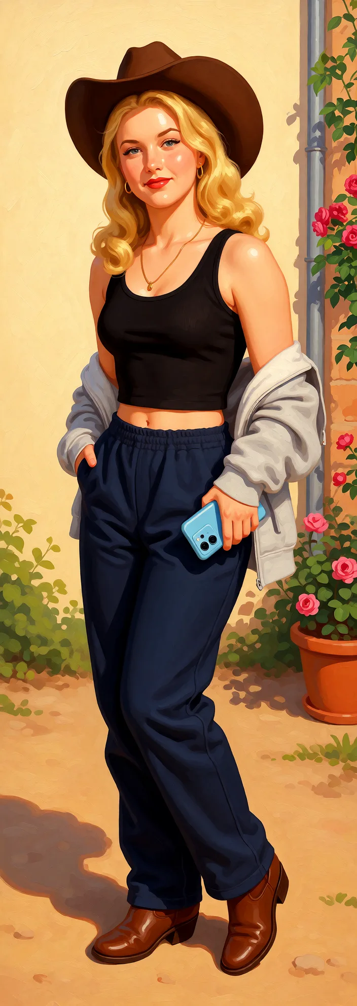 Redraw the entire picture as a retro pin-up illustration: smooth airbrushed gouache paint, warm saturated mid-century colour, clean confident outlines and glamorous stylised features, in the look of a 1950s pin-up poster. The background is painted in the same style. Nothing in the frame keeps its photographic appearance. Above all, the picture must show: cowgirl_position.
