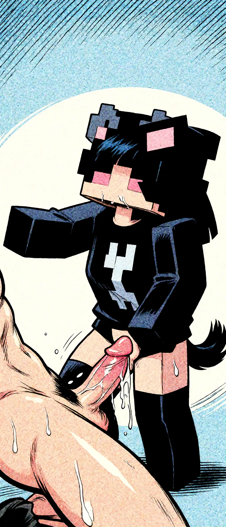 Redraw the entire picture as western comic-book art: heavy black inked outlines, hard-edged cel shading, limited high-contrast colour and visible halftone dot texture. The background is drawn in the same style. Nothing in the frame keeps its photographic appearance. Above all, the picture must show: sex.