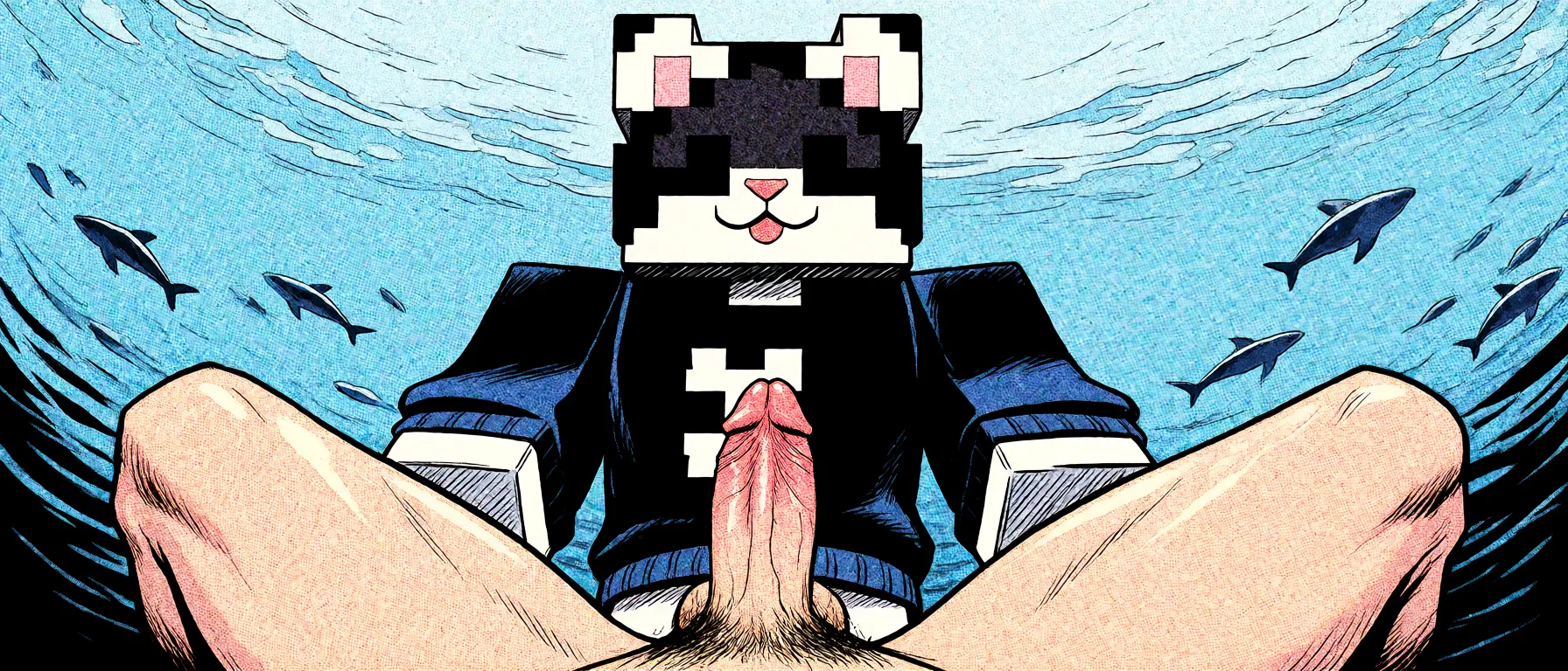 Redraw the entire picture as western comic-book art: heavy black inked outlines, hard-edged cel shading, limited high-contrast colour and visible halftone dot texture. The background is drawn in the same style. Nothing in the frame keeps its photographic appearance. Above all, the picture must show: sex.