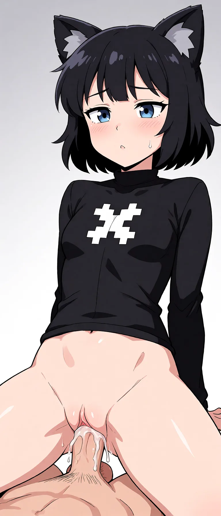 Redraw the entire picture as a hand-drawn anime illustration in flat cel-shaded anime style. It stays the same person with the same face, the same expression, the same hair and the same skin tone, and every other detail of the photograph is kept exactly as it is: nothing is added, removed, moved, uncovered or recoloured. Only the medium changes, and no part of the picture is left photographic. Above all, the picture must show: sex.