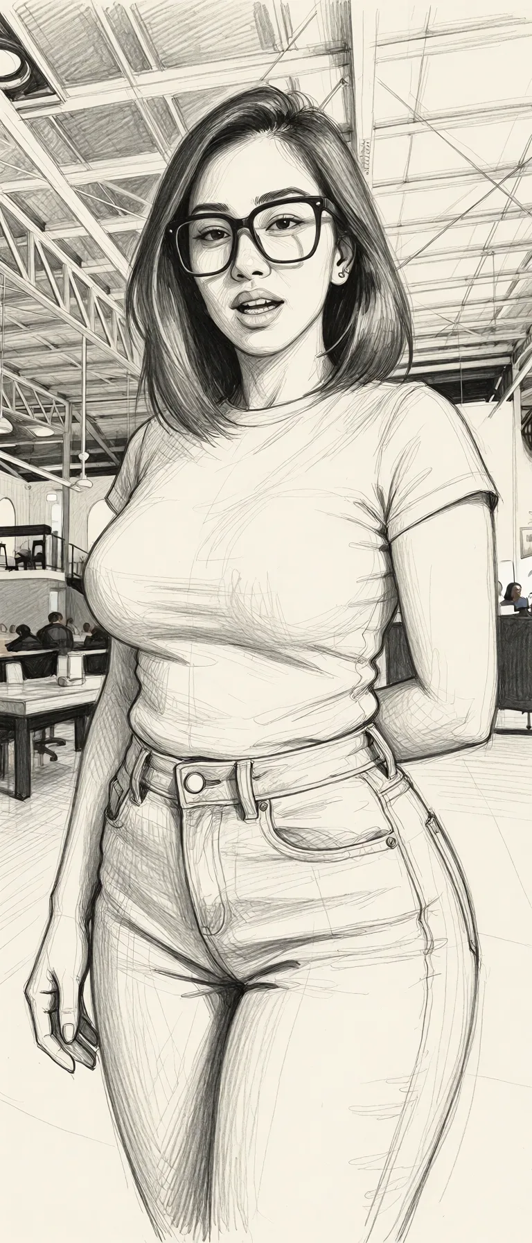 Redraw the entire picture as a hand-drawn graphite sketch on off-white paper: visible pencil strokes, cross-hatched shading, loose construction lines and no colour beyond the grey of the pencil and the tone of the paper. The background is drawn in the same style. Nothing in the frame keeps its photographic appearance. Above all, the picture must show: sidelocks medium_breasts thick_thighs huge_ass.