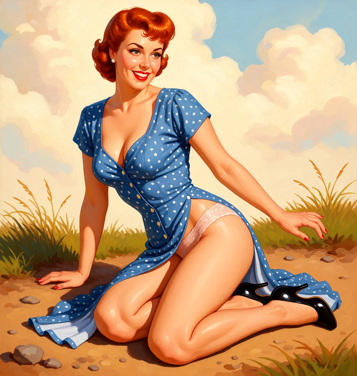 Redraw the entire picture as a retro pin-up illustration: smooth airbrushed gouache paint, warm saturated mid-century colour, clean confident outlines and glamorous stylised features, in the look of a 1950s pin-up poster. The background is painted in the same style. Nothing in the frame keeps its photographic appearance. Above all, the picture must show: Fucking doggy doggystyle.