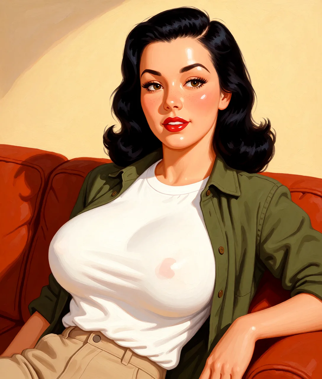 Redraw the entire picture as a retro pin-up illustration: smooth airbrushed gouache paint, warm saturated mid-century colour, clean confident outlines and glamorous stylised features, in the look of a 1950s pin-up poster. The background is painted in the same style. Nothing in the frame keeps its photographic appearance. Above all, the picture must show: huge_breasts.