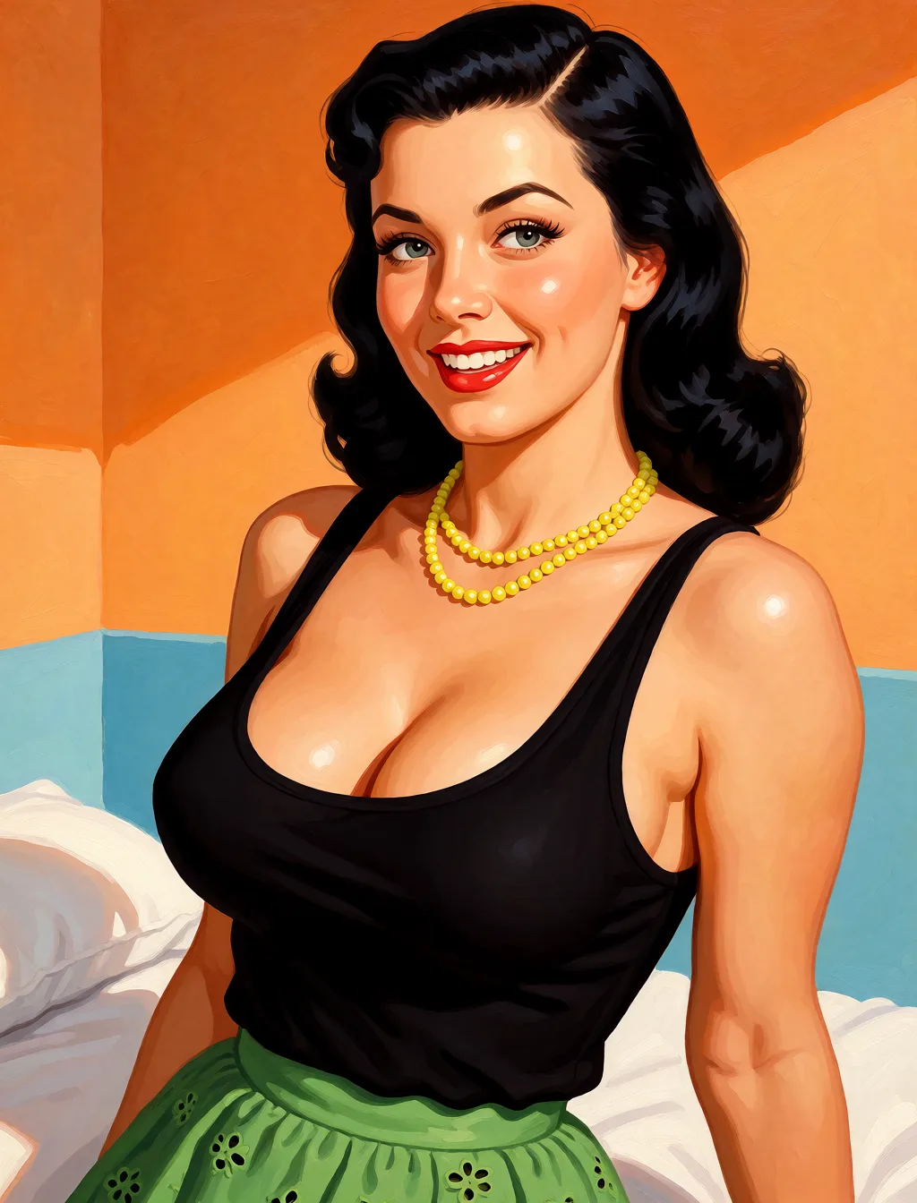 Redraw the entire picture as a retro pin-up illustration: smooth airbrushed gouache paint, warm saturated mid-century colour, clean confident outlines and glamorous stylised features, in the look of a 1950s pin-up poster. The background is painted in the same style. Nothing in the frame keeps its photographic appearance. Above all, the picture must show: Show her cum_on_breasts.