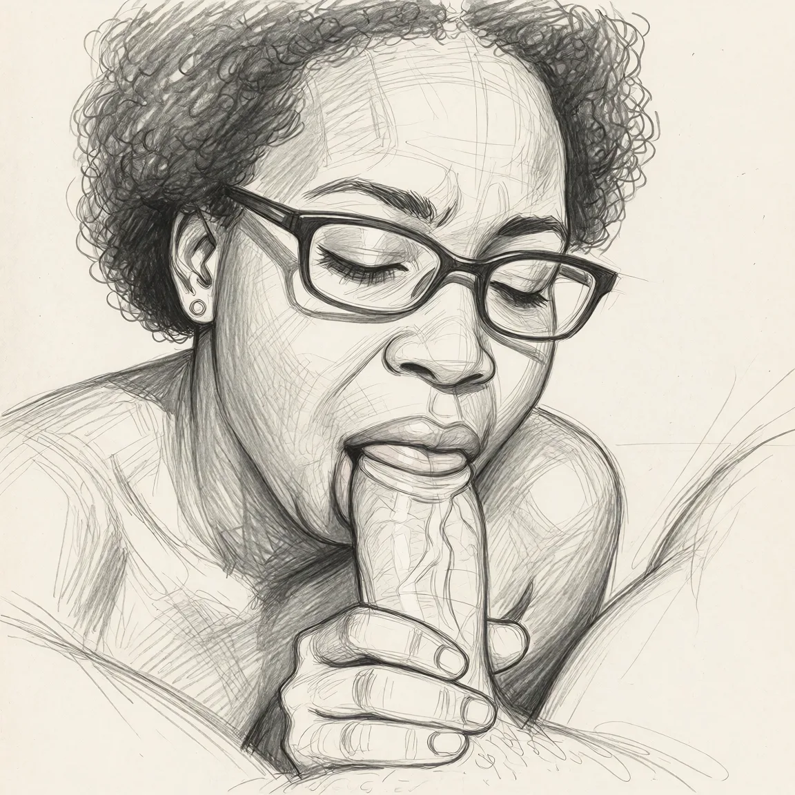 Redraw the entire picture as a hand-drawn graphite sketch on off-white paper: visible pencil strokes, cross-hatched shading, loose construction lines and no colour beyond the grey of the pencil and the tone of the paper. The background is drawn in the same style. Nothing in the frame keeps its photographic appearance. Above all, the picture must show: fellatio.