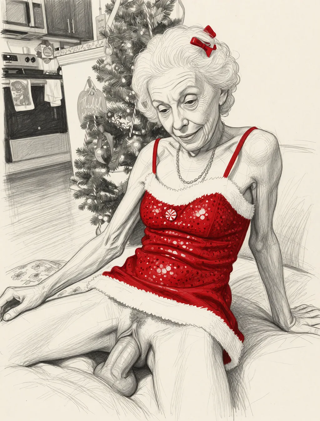 Redraw the entire picture as a hand-drawn graphite sketch on off-white paper: visible pencil strokes, cross-hatched shading, loose construction lines and no colour beyond the grey of the pencil and the tone of the paper. The background is drawn in the same style. Nothing in the frame keeps its photographic appearance. Above all, the picture must show: pussy fellatio.