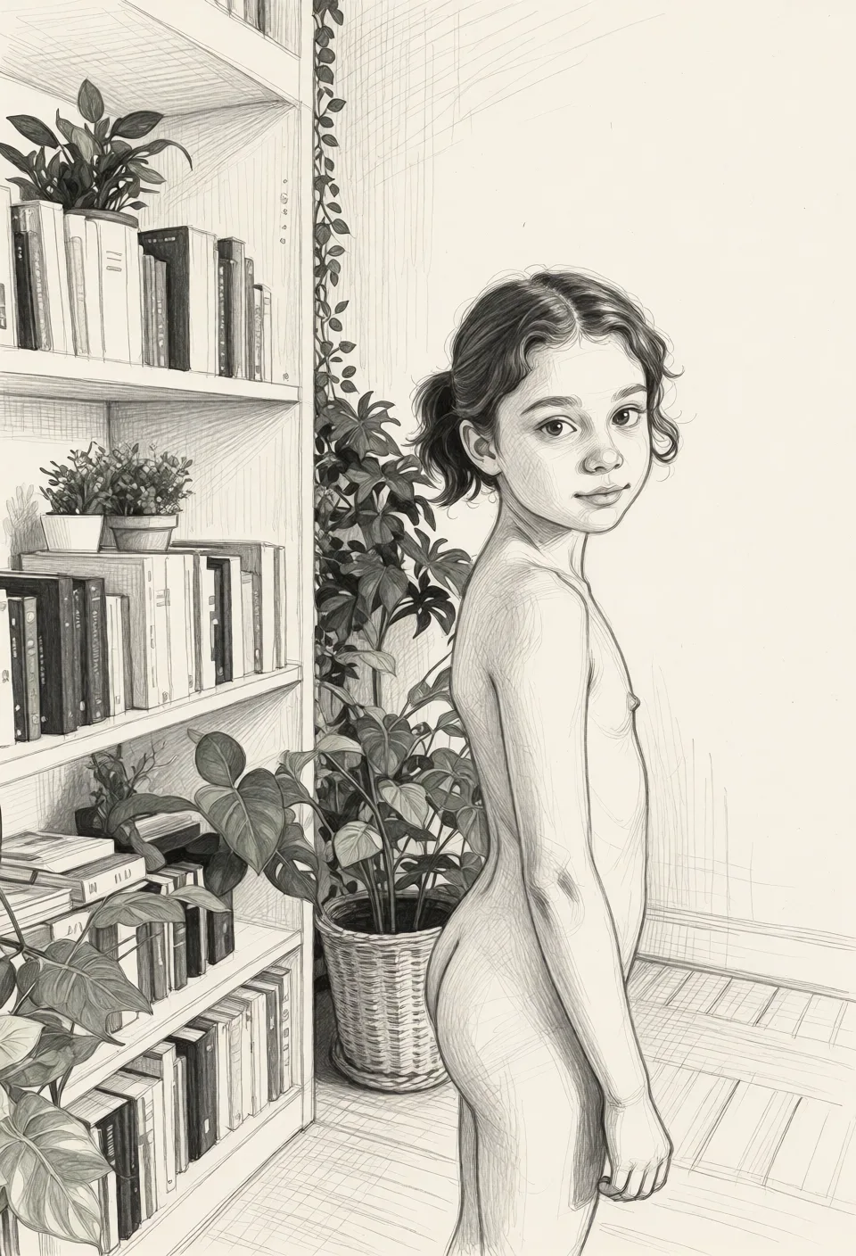 Redraw the entire picture as a hand-drawn graphite sketch on off-white paper: visible pencil strokes, cross-hatched shading, loose construction lines and no colour beyond the grey of the pencil and the tone of the paper. The background is drawn in the same style. Nothing in the frame keeps its photographic appearance. Above all, the picture must show: Turn to show her small_breasts.