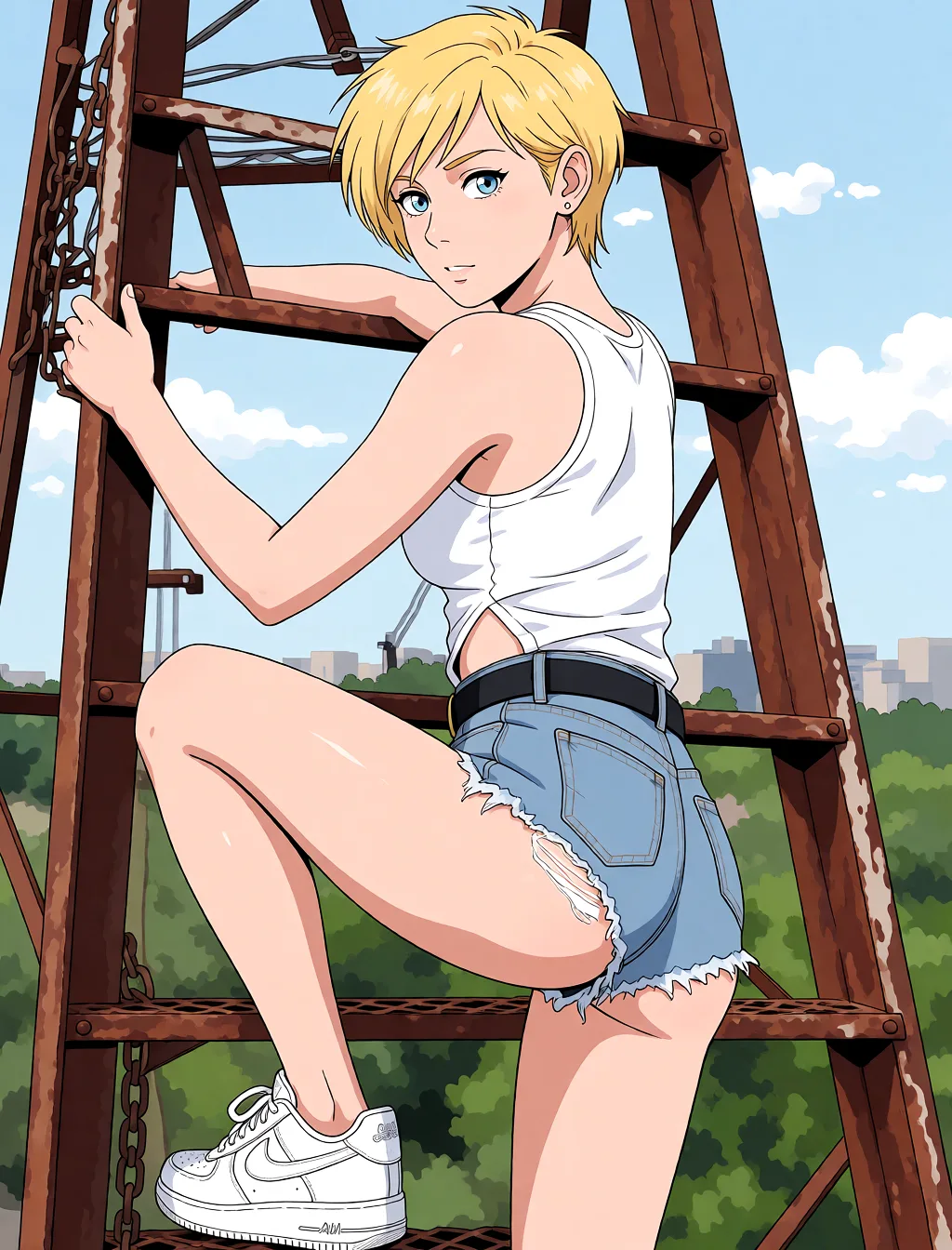 Redraw the entire picture as a hand-drawn anime illustration in flat cel-shaded anime style. It stays the same person with the same face, the same expression, the same hair and the same skin tone, and every other detail of the photograph is kept exactly as it is: nothing is added, removed, moved, uncovered or recoloured. Only the medium changes, and no part of the picture is left photographic. Above all, the picture must show: Her denim_shorts barely cover her sexy ass.