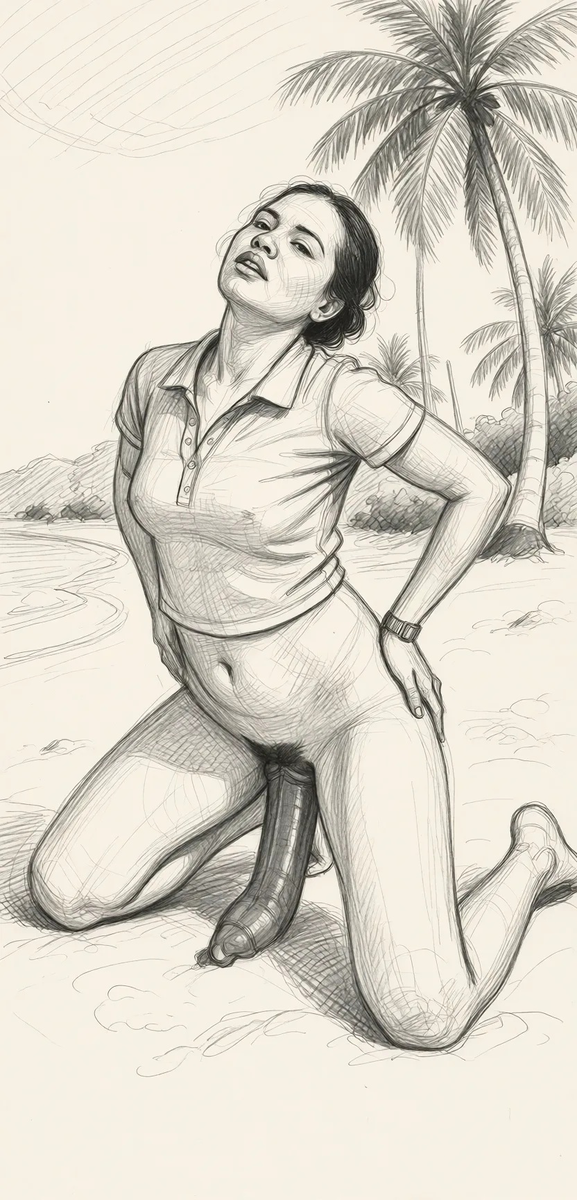 Redraw the entire picture as a hand-drawn graphite sketch on off-white paper: visible pencil strokes, cross-hatched shading, loose construction lines and no colour beyond the grey of the pencil and the tone of the paper. The background is drawn in the same style. Nothing in the frame keeps its photographic appearance. Above all, the picture must show: doggystyle.