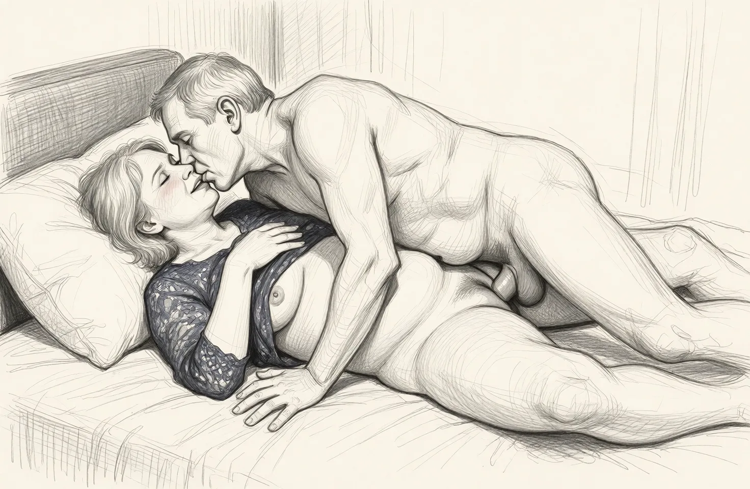 Redraw the entire picture as a hand-drawn graphite sketch on off-white paper: visible pencil strokes, cross-hatched shading, loose construction lines and no colour beyond the grey of the pencil and the tone of the paper. The background is drawn in the same style. Nothing in the frame keeps its photographic appearance. Above all, the picture must show: late middle aged, slightly plump woman naked lying on a bed. She looks exhausted after making love. An older man is on top of her covering most of her body. He has cum inside her, is deep inside her up to his scrotum. She looks happy and exhausted. They are kissing. She is flushed.