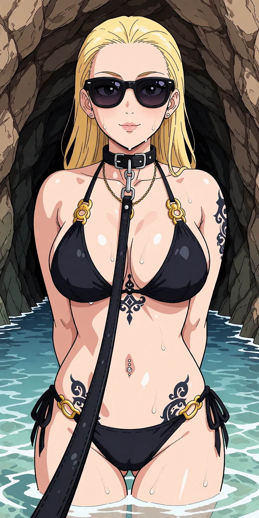 Redraw the entire picture as a hand-drawn anime illustration in flat cel-shaded anime style. It stays the same person with the same face, the same expression, the same hair and the same skin tone, and every other detail of the photograph is kept exactly as it is: nothing is added, removed, moved, uncovered or recoloured. Only the medium changes, and no part of the picture is left photographic. Above all, the picture must show: arms_behind_back nude.