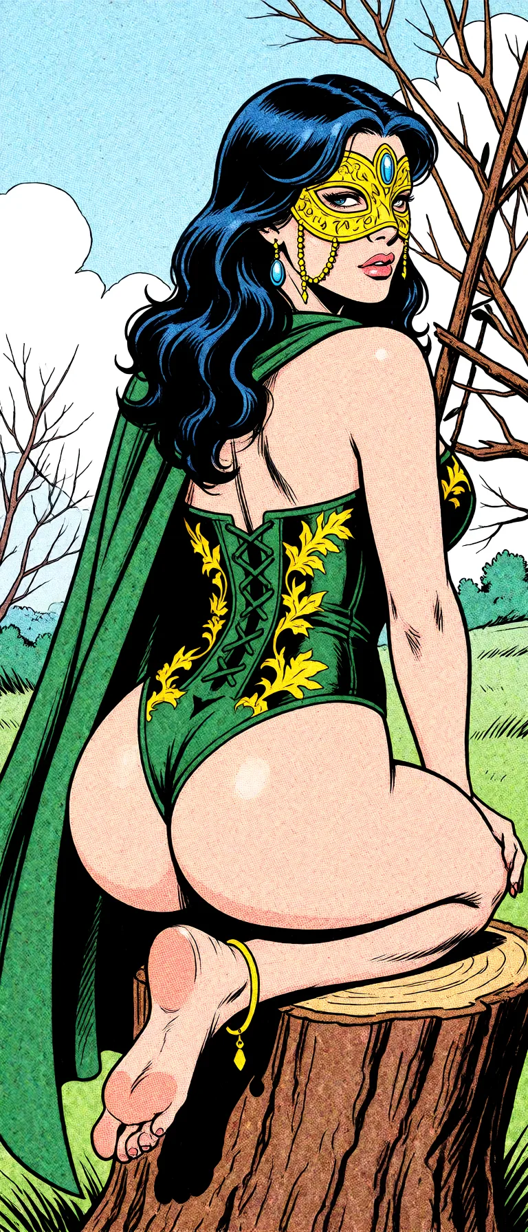 Redraw the entire picture as western comic-book art: heavy black inked outlines, hard-edged cel shading, limited high-contrast colour and visible halftone dot texture. The background is drawn in the same style. Nothing in the frame keeps its photographic appearance. Above all, the picture must show: sex_from_behind.