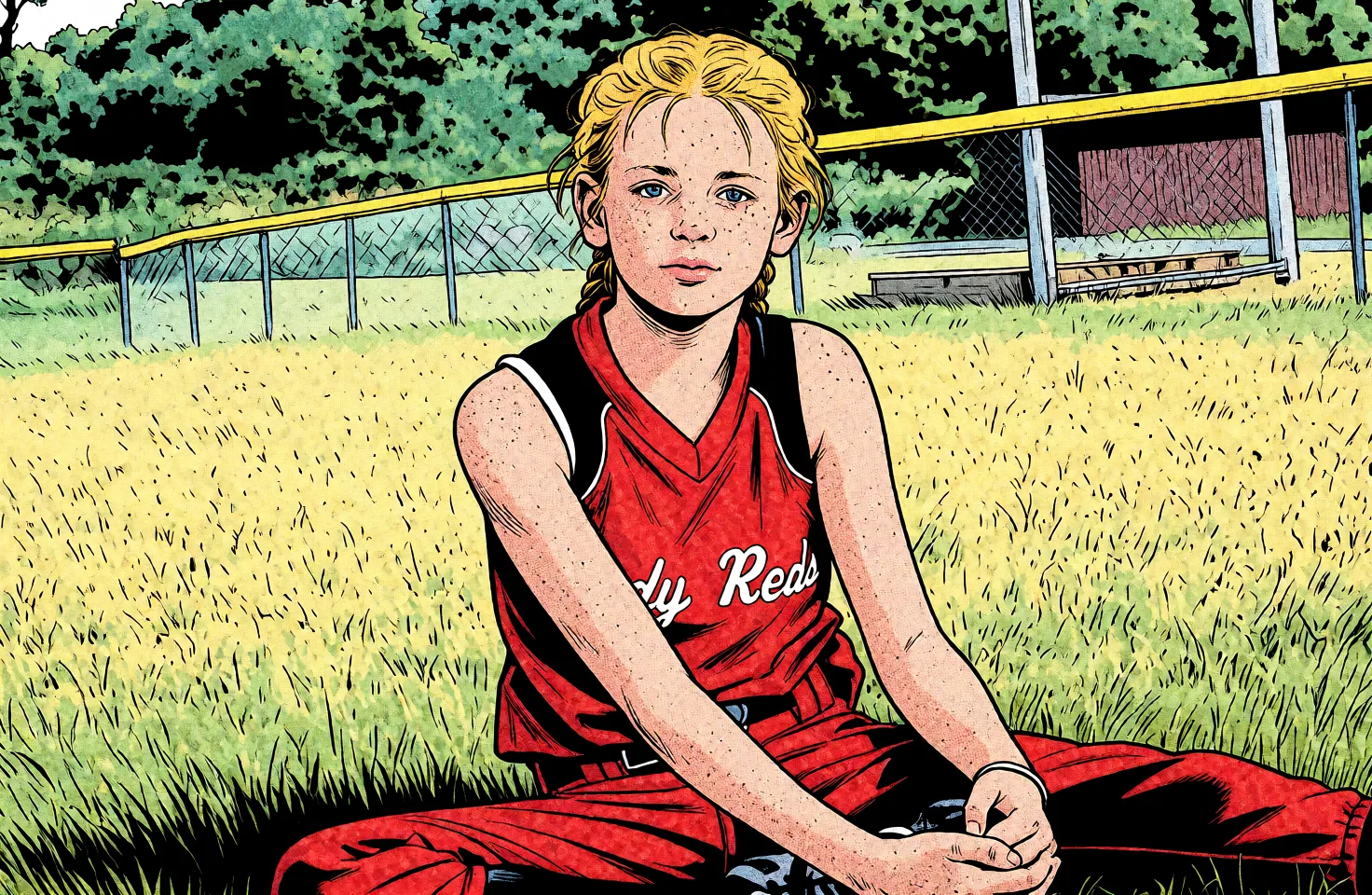 Redraw the entire picture as western comic-book art: heavy black inked outlines, hard-edged cel shading, limited high-contrast colour and visible halftone dot texture. The background is drawn in the same style. Nothing in the frame keeps its photographic appearance. Above all, the picture must show: spread_legs thong.
