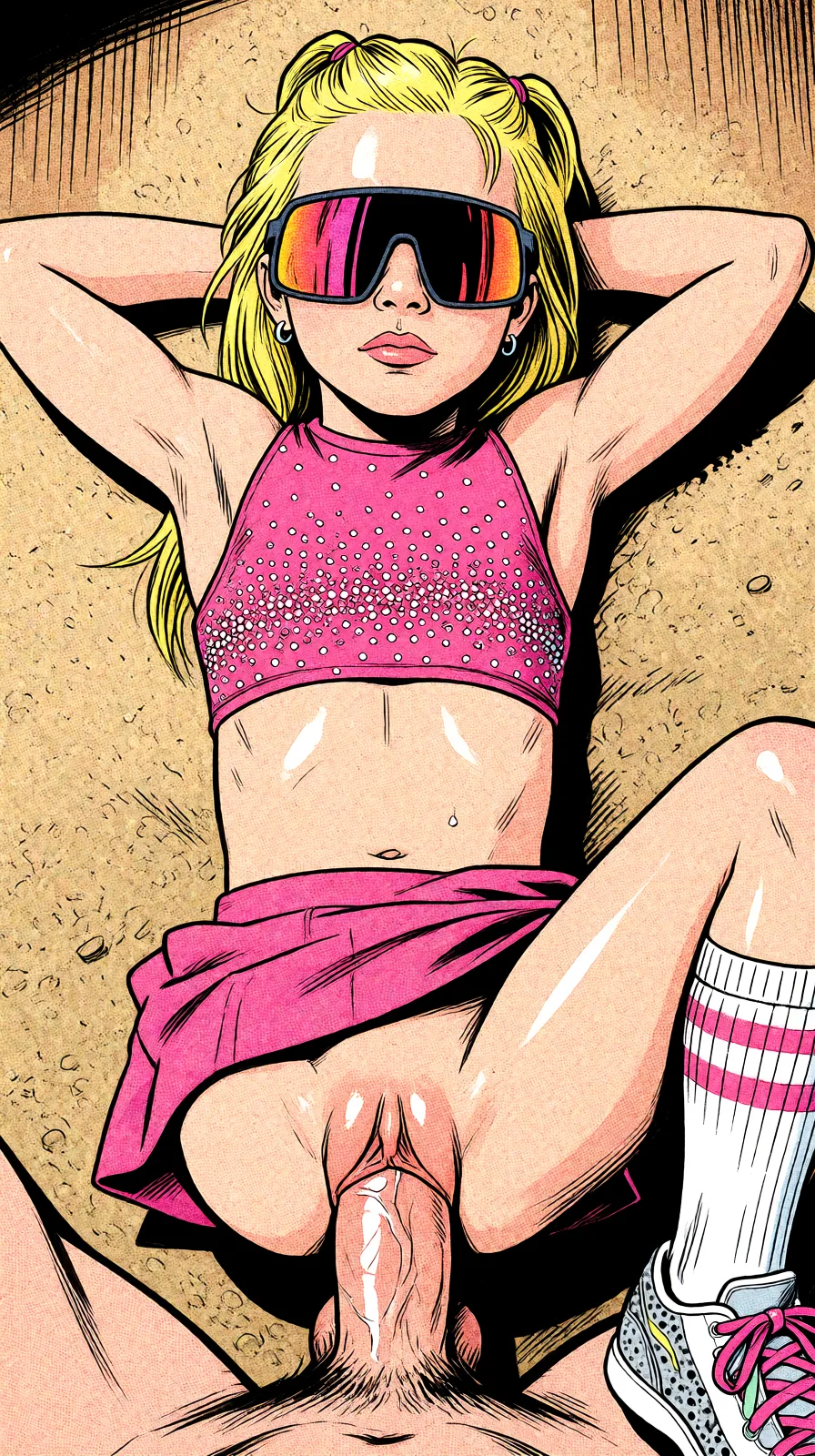 Redraw the entire picture as western comic-book art: heavy black inked outlines, hard-edged cel shading, limited high-contrast colour and visible halftone dot texture. The background is drawn in the same style. Nothing in the frame keeps its photographic appearance. Above all, the picture must show: fellatio pov.